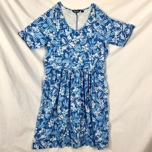 Lands End 1X Short Knit Dress Blue Checks Tiki Hibiscus Flowers Cruise Resort